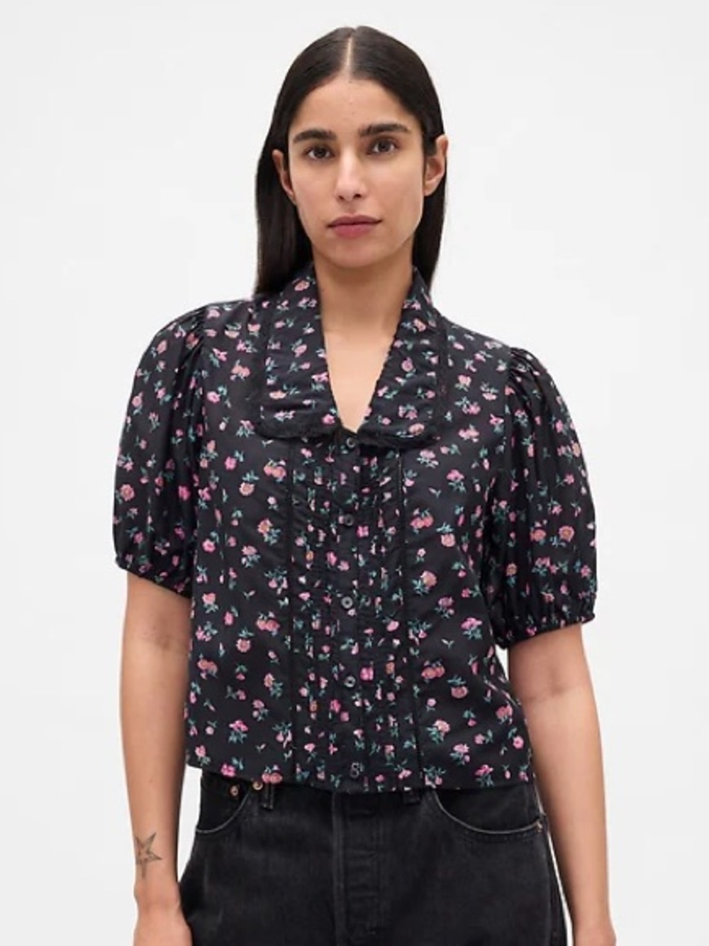 GAP Puff-Sleeve Collared black floral button front blouse women’s size XXL tall